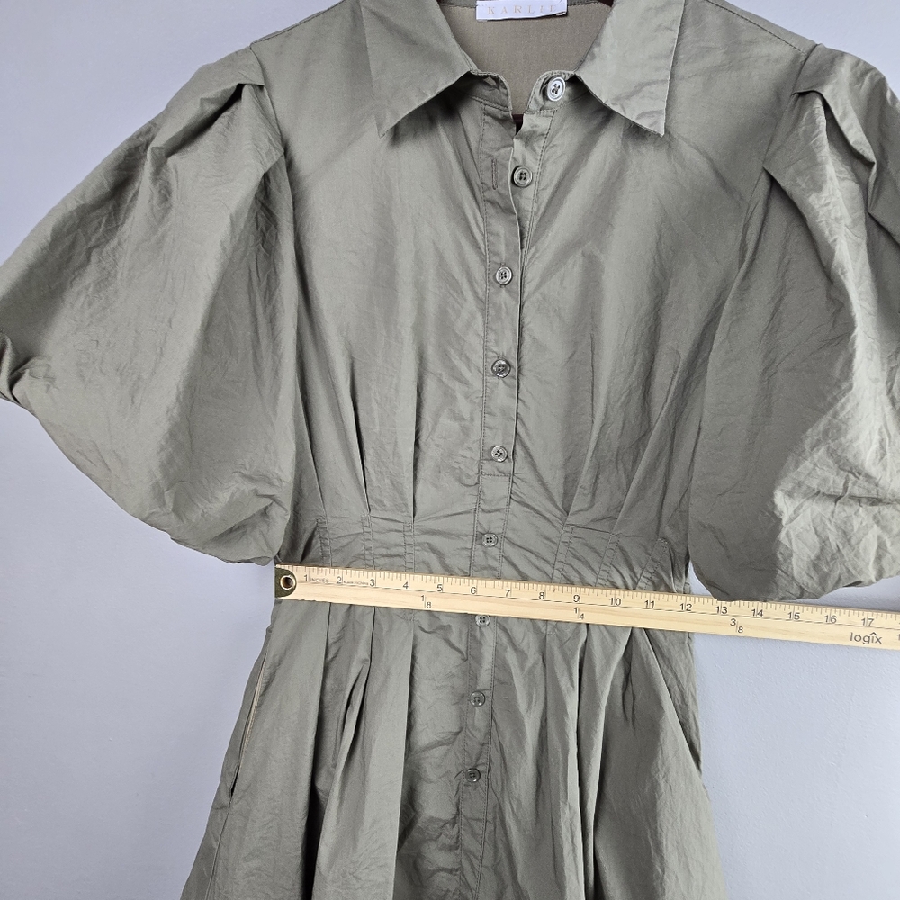 Karlie Solid Pleat Bubble Hem Mini Shirt Dress Button Up Olive Green Womens Sz S - Picture 14 of 15